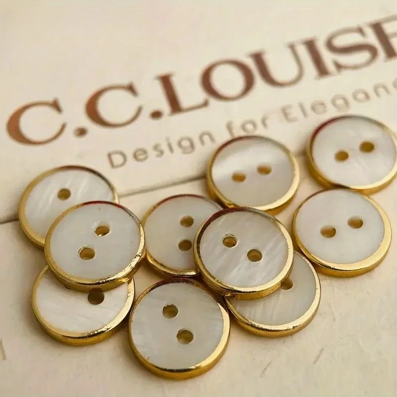 2-Hole Mother of Pearl Shell Buttons, Gold Plated Edge Round Sewing Buttons for Shirts, Blouses, DIY Clothing Decor view 5