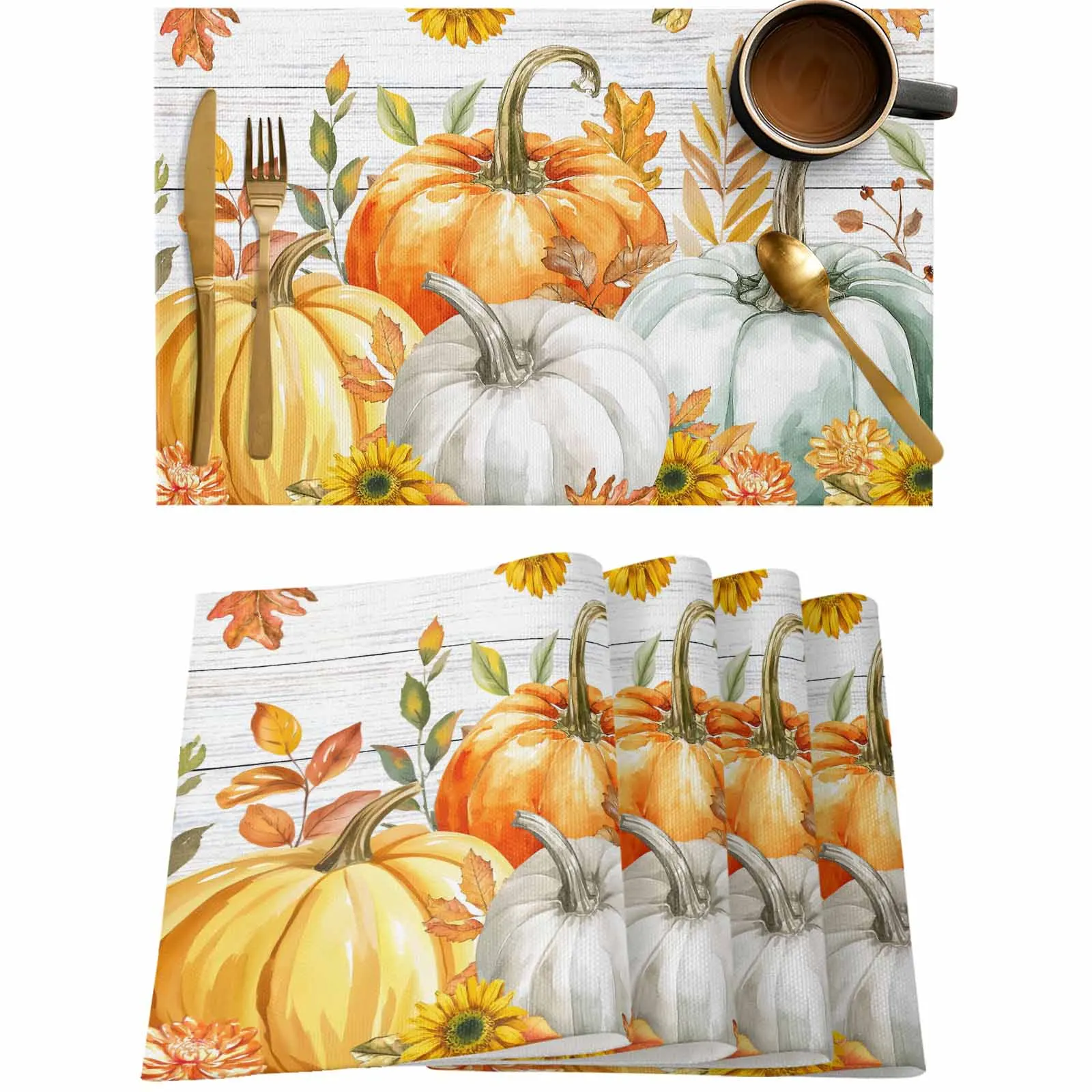 

4/6 Pcs Gray Wood Grain Orange Pumpkin Placemat Wedding Party Dining Decor Linen Table Mat Kitchen Accessories