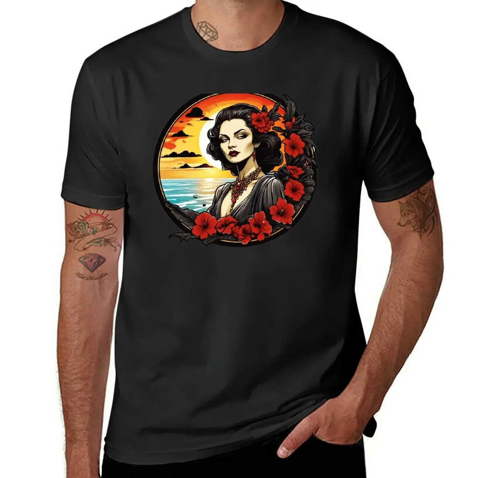 Elegant and Goth Vampire with Red Lips on a Beach at Sunset T-Shirt quick-drying man t shirt boys whites outfits for men