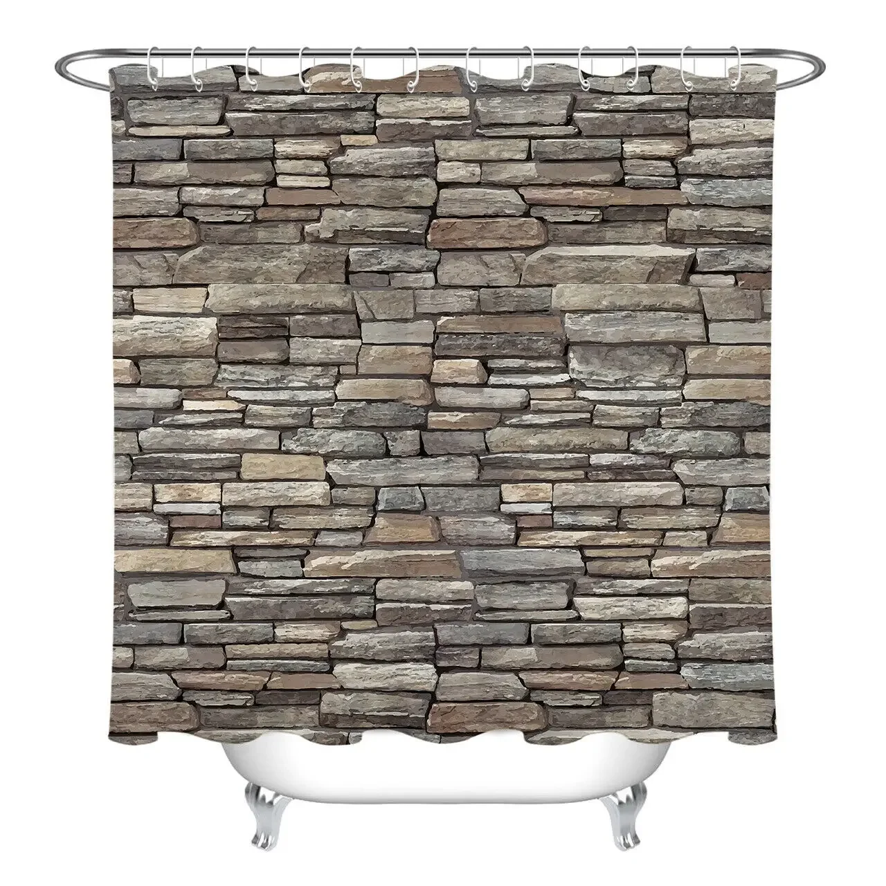 Grunge Rustic Stone Wall Waterproof Fabric Shower Curtain Bathroom Hooks