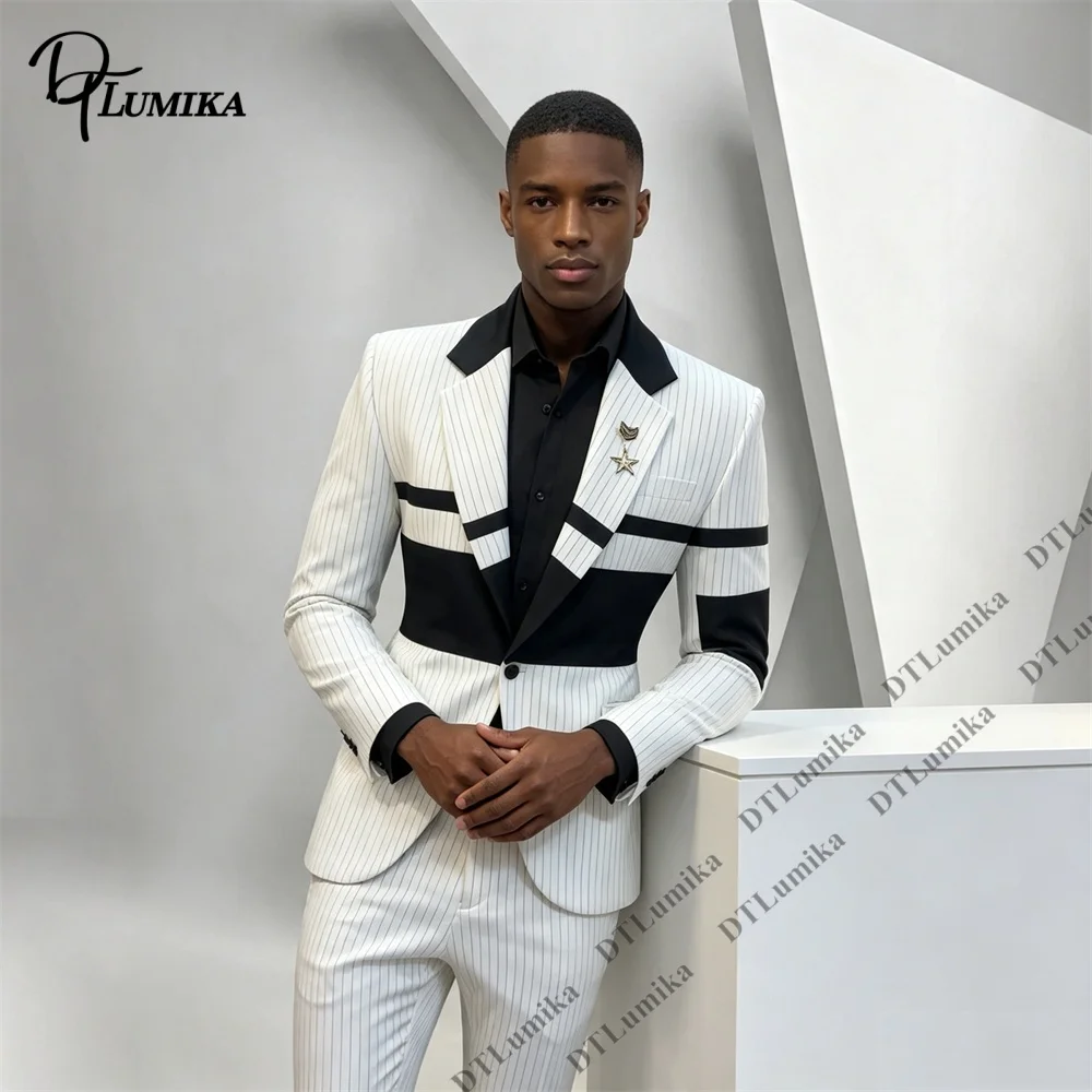 Fashion Striped Patchwork Suit 2 Piece Jacket Pants Set  Formal Wedding Groom Tuxedo Prom Party Stage Show Costume XXS-7XL Suits