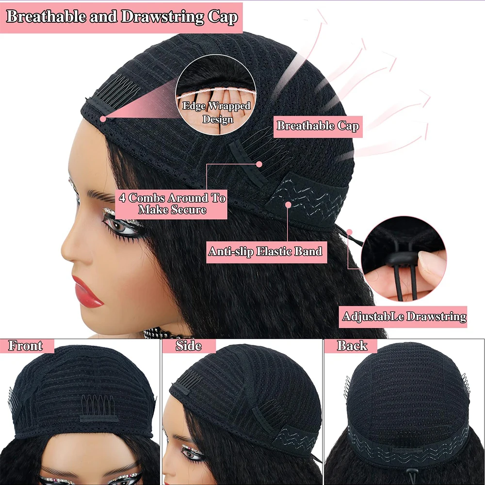 Kinky Straight Burmese Curly Half Wig Human Hair Glueless Wig 3 IN 1 Half Wig Clip Drawstring Kinky Straight Glueless Half Wig