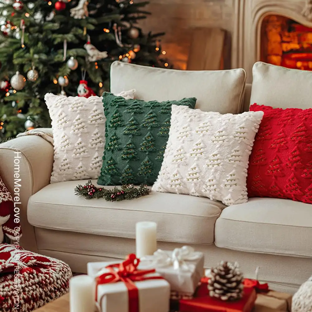 Funda de almohada decorativa de invierno, funda de almohada festiva de árbol de Navidad para decoración del hogar, funda de almohada de felpa corta suave para habitación