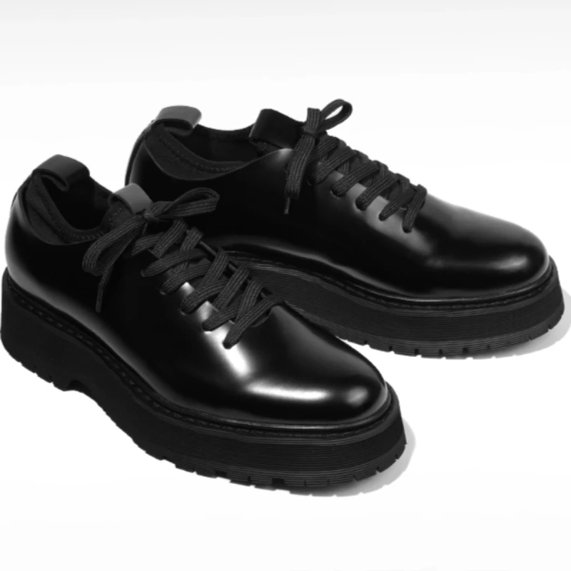 Genuine Leather Wine Red Retro Handmade Thick Sole Increase Shoes Men's Casual Leather Shoes Glossy Cowhide Business Derby Shoes