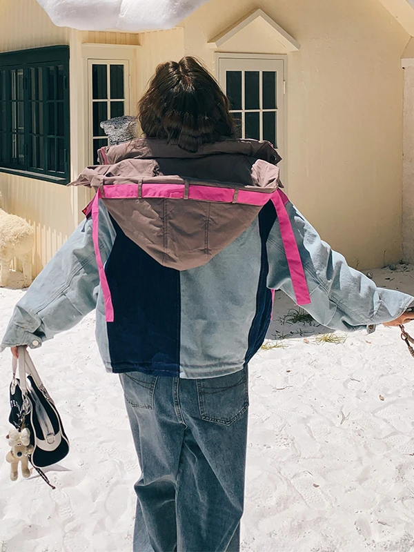 Casual dames denim patchwork kleur bloemenprint winterjas met rits, lange mouwen, warme voering