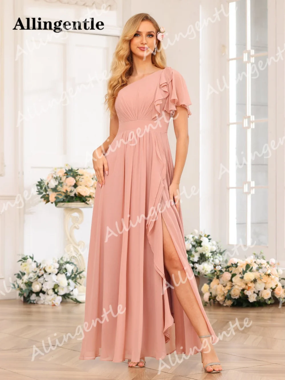 Allingentle Sleeveless V-neck Bridesmaid Dress Chiffon Ruched A-line Formal Dress with Slit Backless Prom Party Gown Customized