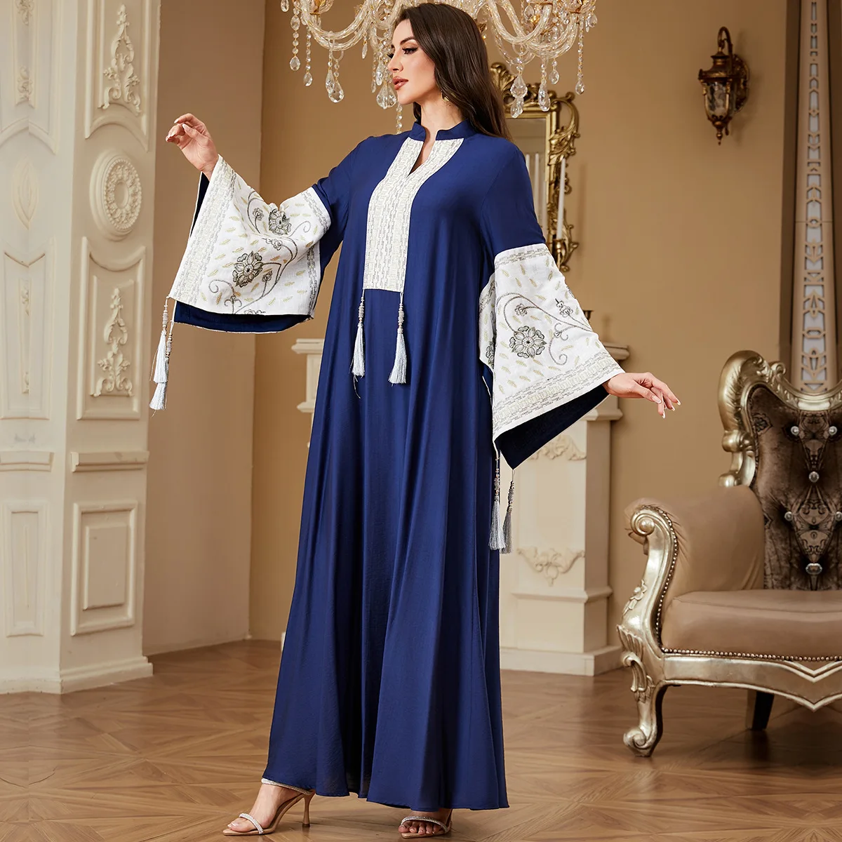 Dubai Middle East New Fashion Women's Embroidered Elegant Trendy Daily Loose Long Sleeve Spliced Abaya Female Jalabiya Clothes