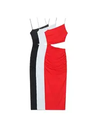Women Fashion With Gathered Hollow Out Midi Dress Sexy Asymmetric Neck Thin Straps Female Dresses Vestidos Mujer