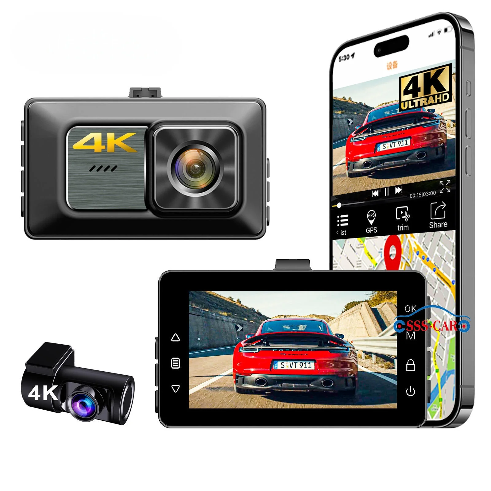 

3Inch 4K +4K Dash Cam Dual Lens Ultra HD Real Car DVR Camera WIFI GPS APP Rear View Night Vision WDR Video Recorder 24H Parking