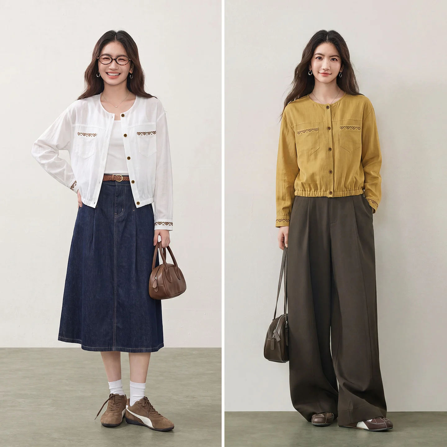 SENTUBILA Women Vintage Shirt Jacket 2026 Autumn Crew Neck Color Contrast Embroidery Long Sleeve Casual Loose Shacket 163WB7795