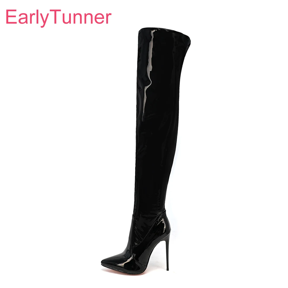 

Brand New Glossy Black Red Women Thigh High Stripper Boots Sexy Super High Heels Lady Party Shoes Plus Big Size 12 43 47