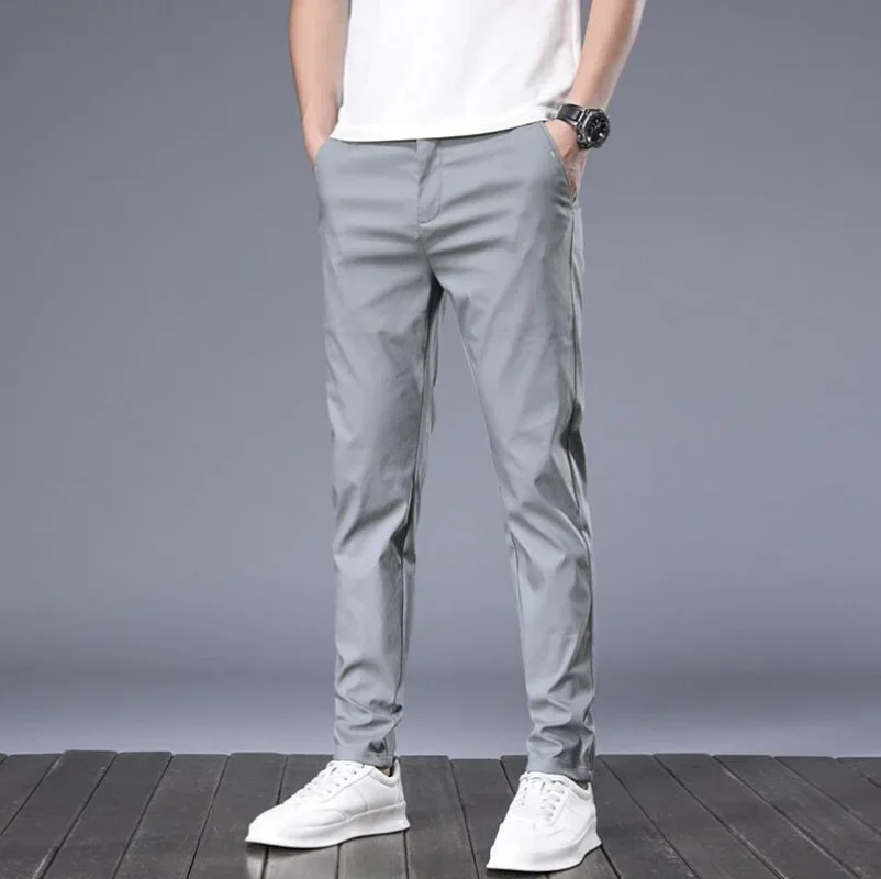 

Spring Autumn Casual Pants Men Thick Stretch Slim Fit Elastic Waist Cotton Business Classic Korean Trousers Male Khaki Gray 38