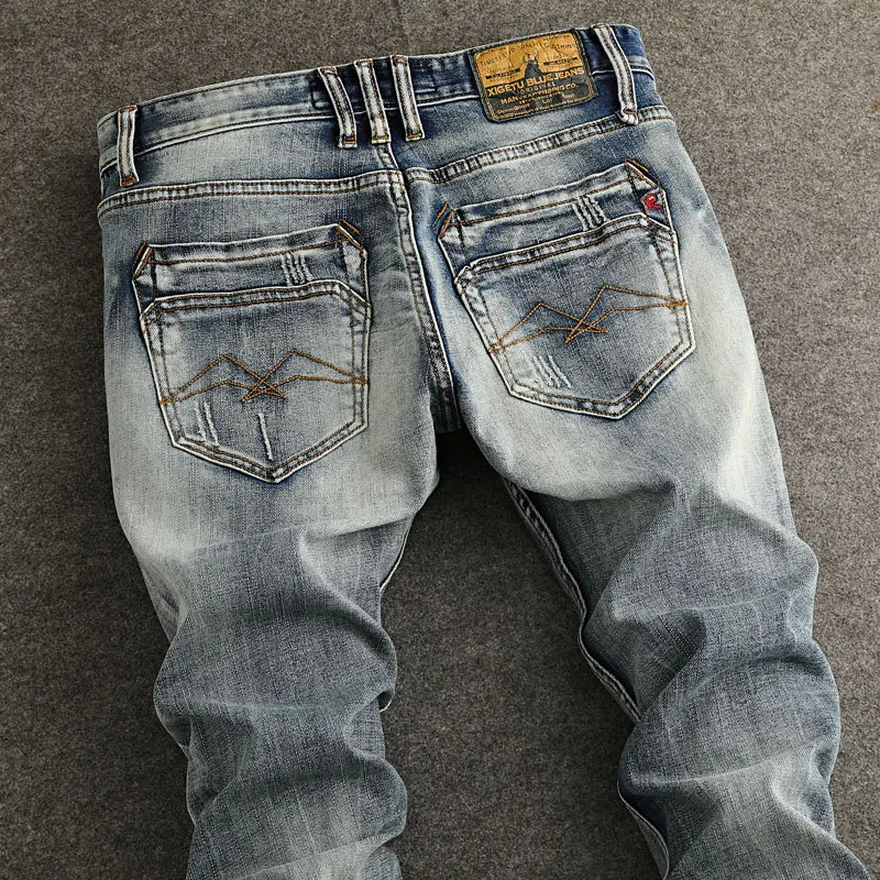 Fashion Vintage Men Jeans Retro Washed Blue Stretch Slim Fit Ripped Jeans Buttons Fly Italian Style Designer Denim Pants Men