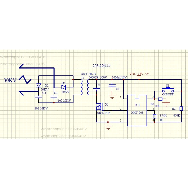 30KV No-load High-power High-voltage Boost Module High-voltage Coil Power Supply Circuit Diagram XKT203-22