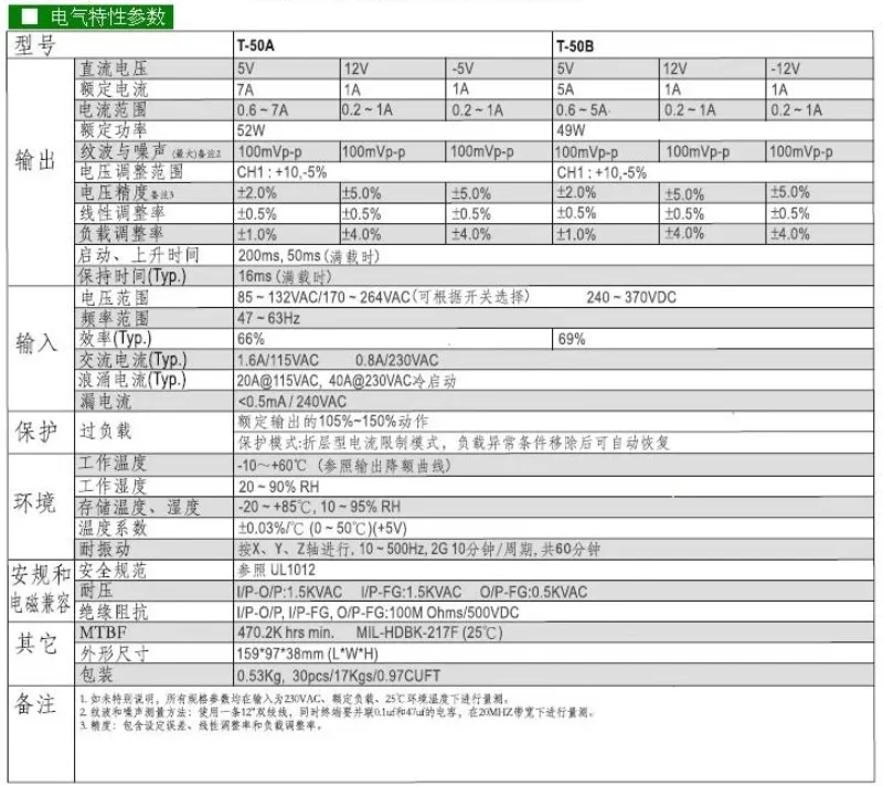 Switching power supply T-50A T-50B T-50C T-50D with three voltage options: ± 5V ± 12V ± 15V24