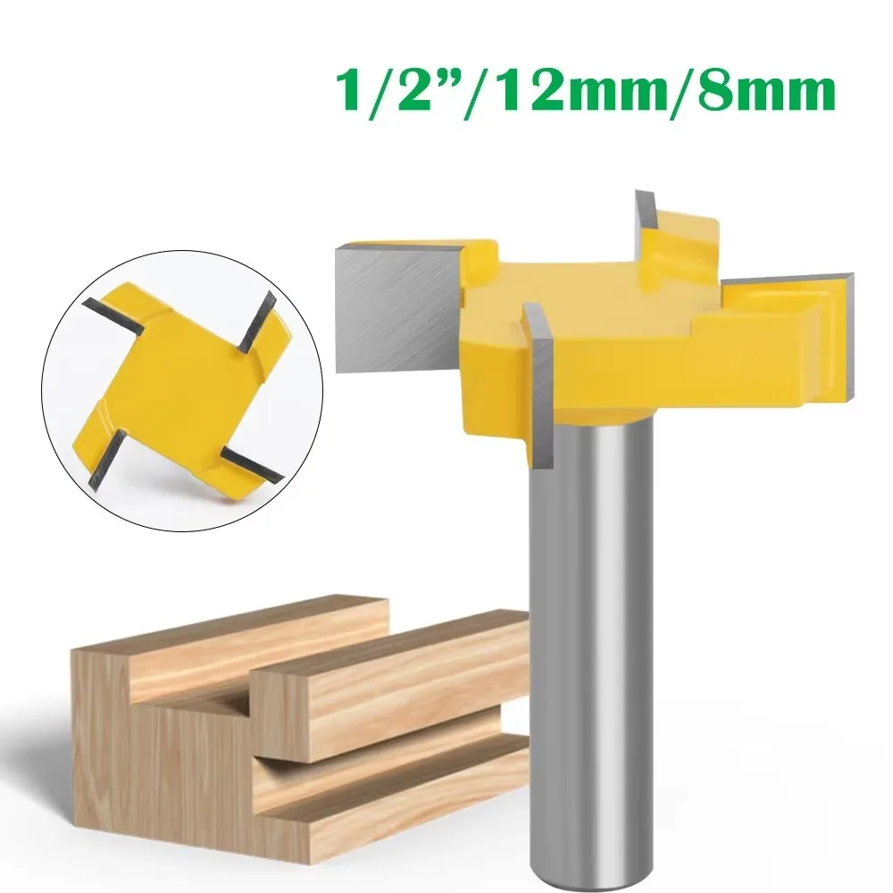

1PC 1/2" 8MM 12MM Shank Milling Cutter Wood Carving 4 Edge T Type Slotting Cutter Woodworking Tool Router Bits For Woodworking