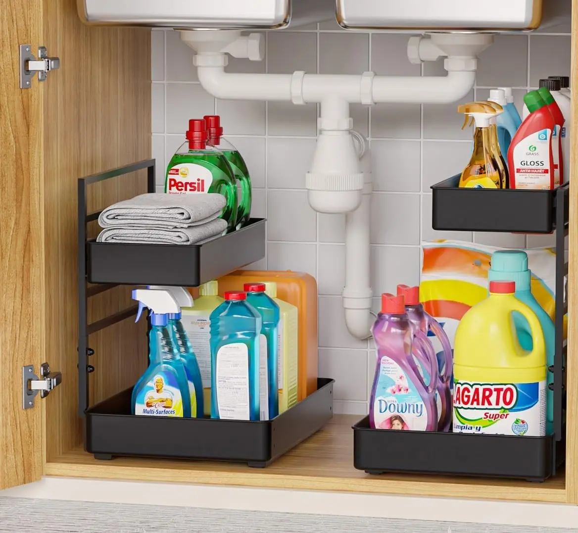 

Adjustable 2-Tier Slide Shelf Organizer for Under Sink Storage in Kitchen & Bathroom, Black (2 Sets)