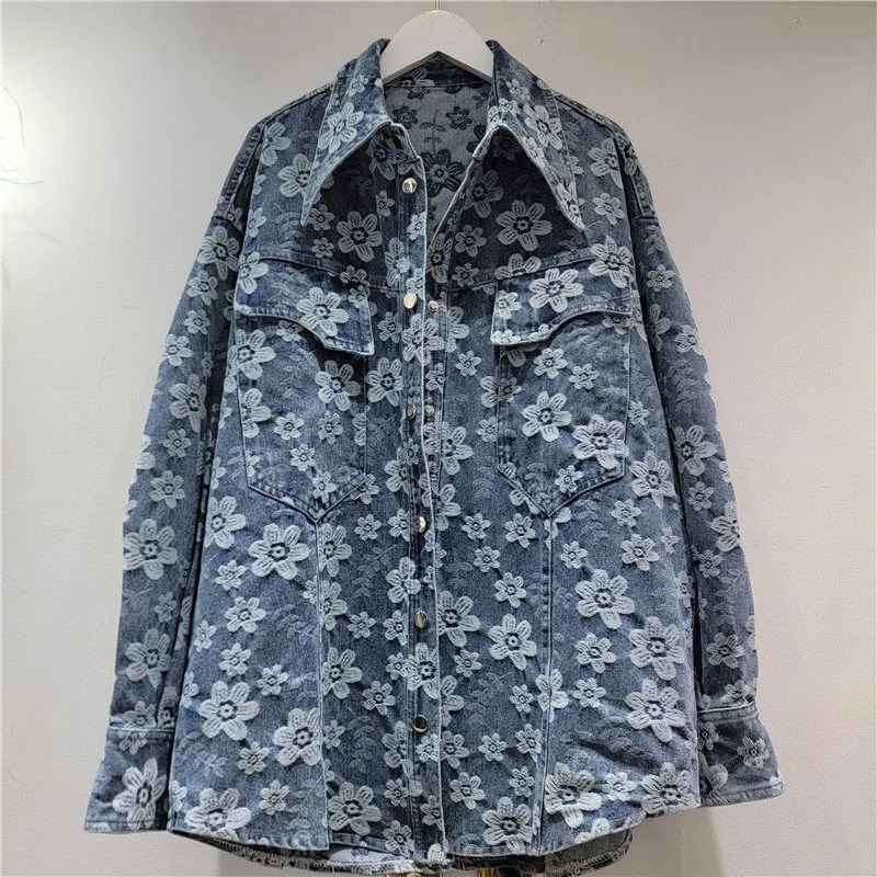 

Autumn Women Fashion Jacquard Blue Mid-Length Short Denim Jacket Big Pocket Lapel Single-Breasted Long Sleeve Cowboy Outerwear