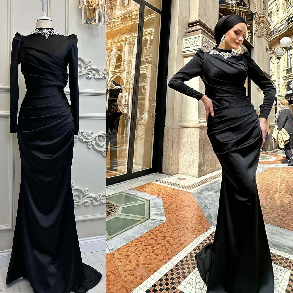 Elegant High Neck Full Sleeves Crystal Pleat Mermaid Evening Dresses Custom Made Formal Party Grown 2024