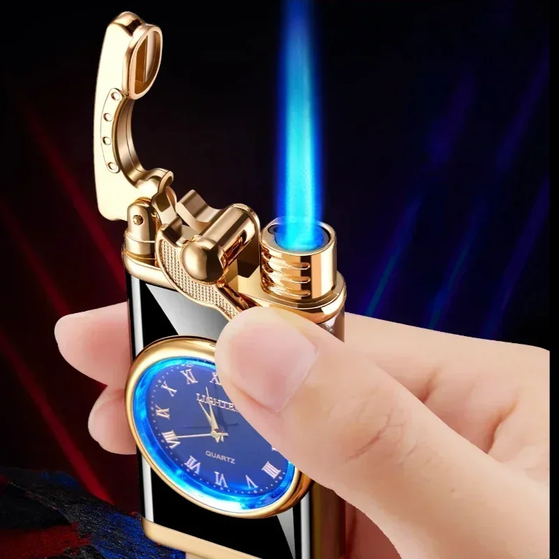 Double Flame Cigarette Lighter Windproof Butane Gas Lighters Metal Smoking Accessories Torch Lighter For Men Creative Watch Gift