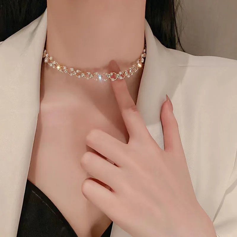 Elegant White Imitation Pearl Choker Crystal Chain Necklace for Women Korean Wedding Jewelry Collar 2022 New Gifts