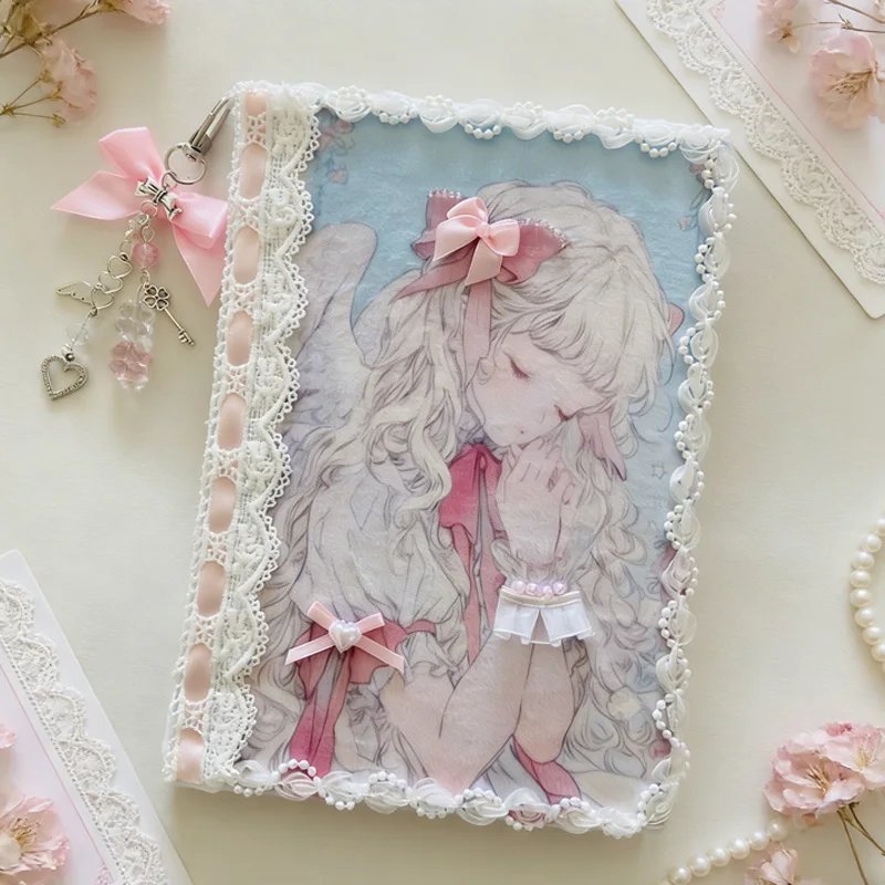 

Блокнот A5 Kawaii с плюшевым кружевом, милый ежедневник с ангелом, 96 страниц, мягкий тканевый дневник для девочек с подвеской, подарок для нее