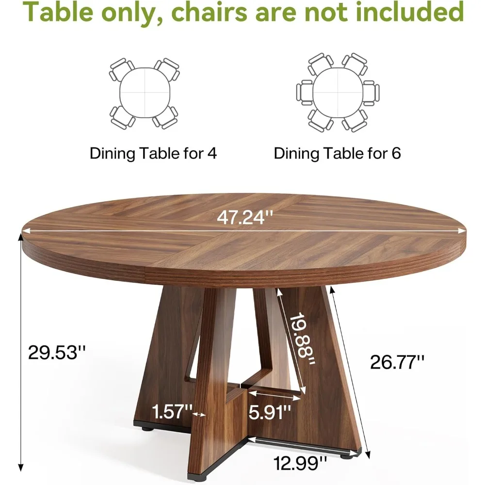 مقاعد طاولة طعام خشبية مستديرة 4-6، قاعدة بقاعدة بنية مقاس 47 بوصة، أثاث غرفة دائري