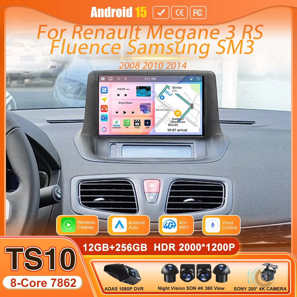 Radio Multimedia para Auto con Android 15, Pantalla Táctil, Reproductor de Audio, GPS, Bluetooth, 2 DIN, para Renault Megane 3 RS Fluence Samsung SM3 2008 2010 2014