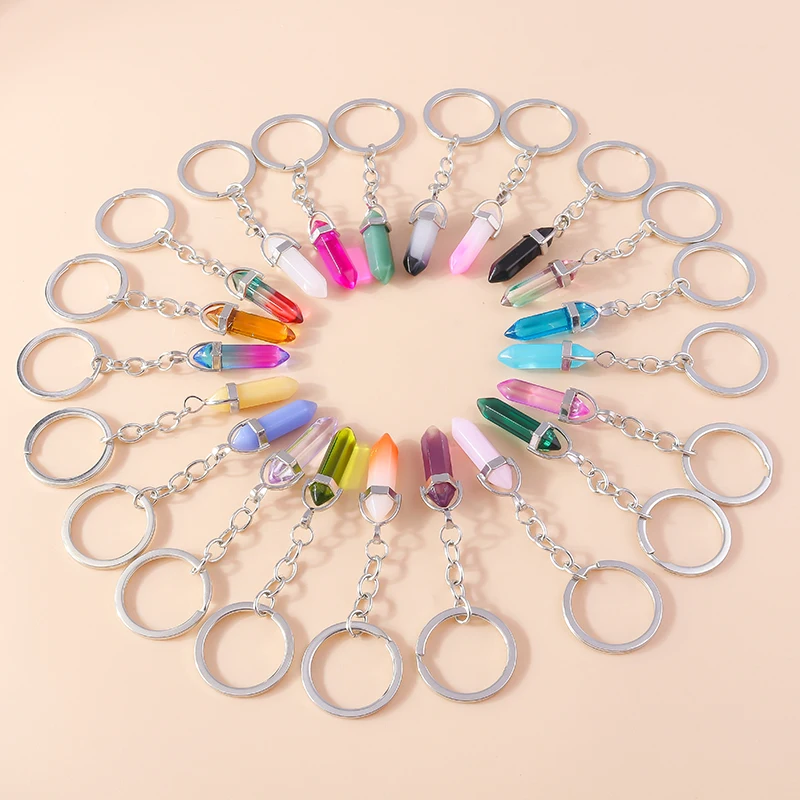 

Aihua New Colorful Natural Hexagonal Colum Stone Key Chains Bullet Shape Quartz Crystal Key Chain Ring For Women Handbag Jewelry