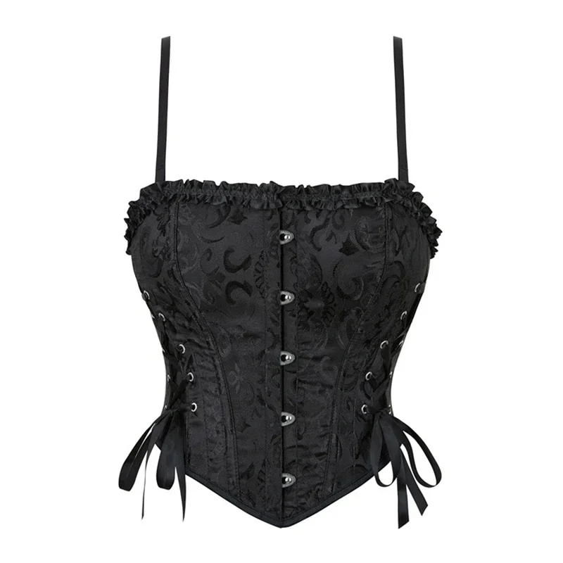 Women Corset Crop Tops Summer Streetwear Spaghetti Straps Camis Gothic Retro Jacquard Lace-up Overbust Bustiers Vest