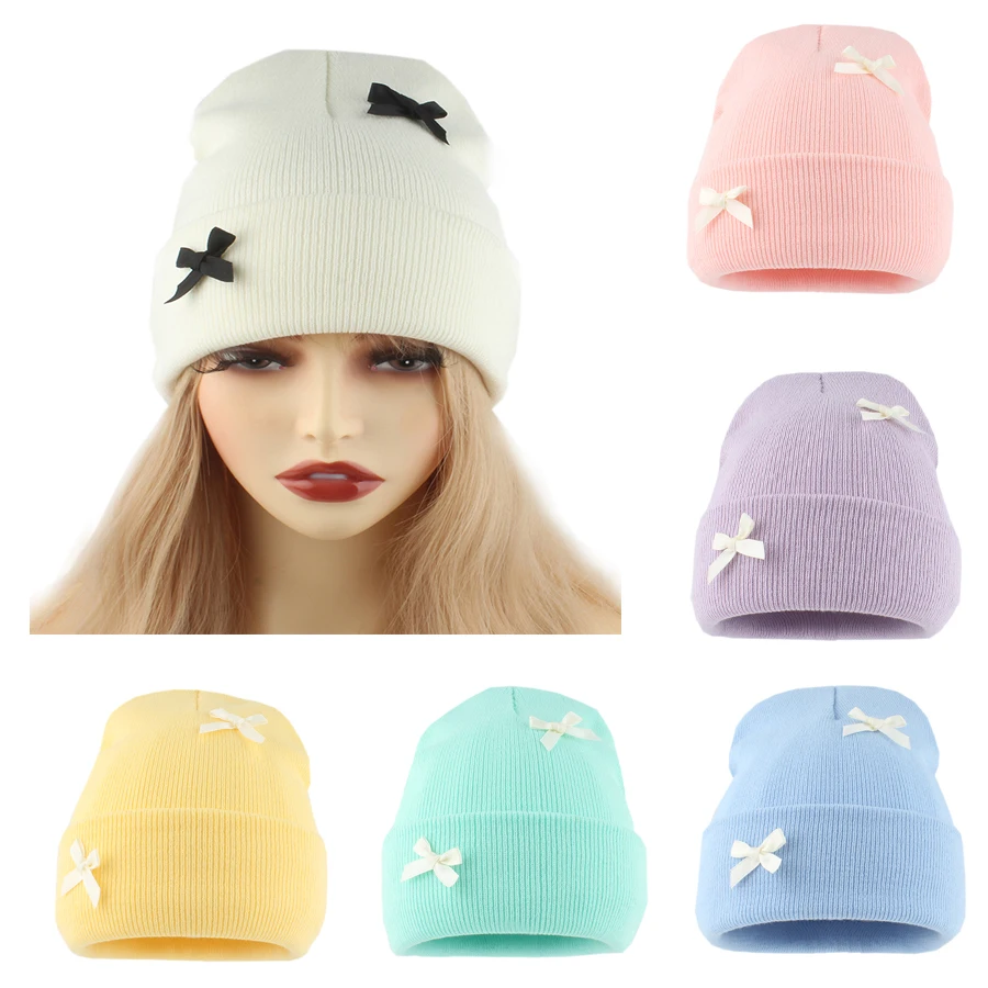 2024 New Korean Knitted Hat Sweet Bowknot Macaron Color Cute Beanies For Women Girls Autumn Winter Warm Cap Skullies Bonnet