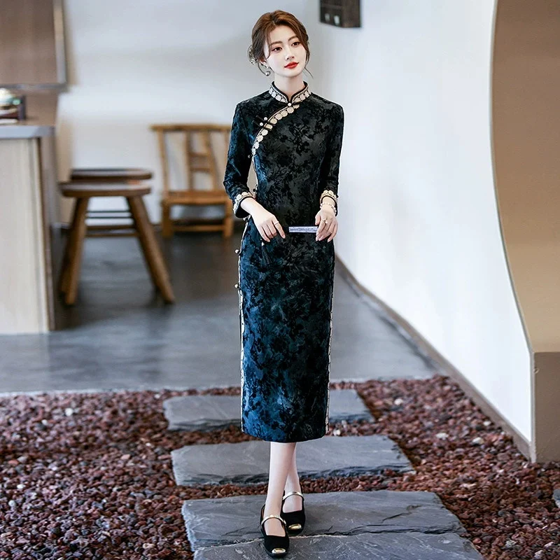 

Women Sexy Chesongam Velour Qipao Autumn Winter New Chinese Dress Tradition Mandarin Collar Qipao Print Vestidos Hanfu