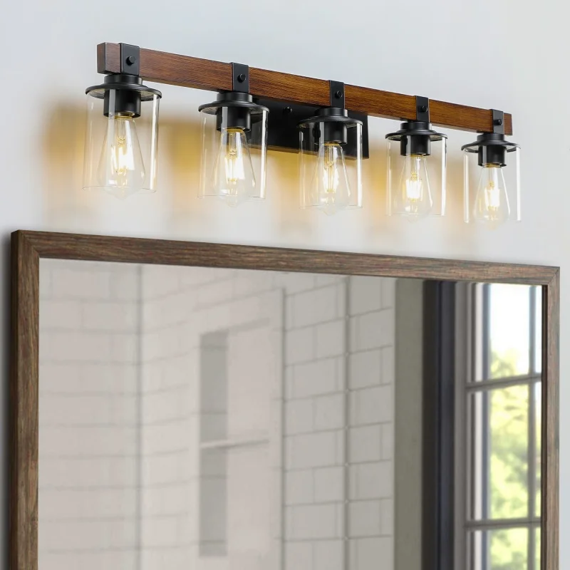 

Rustic Farmhouse 5-Light Bathroom Vanity Light, Industrial Wood Wall Sconce with Clear Glass Shade, Vintage Wall Lamp for Bathroom Mirror, Kitchen, Bedroom