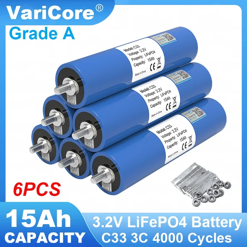 

6pcs 3.2V 15Ah LiFePO4 Battery C33 Lithium Phosphate Cell for 12V Motorcycle Car motor Modification Inverter batteries Grade A