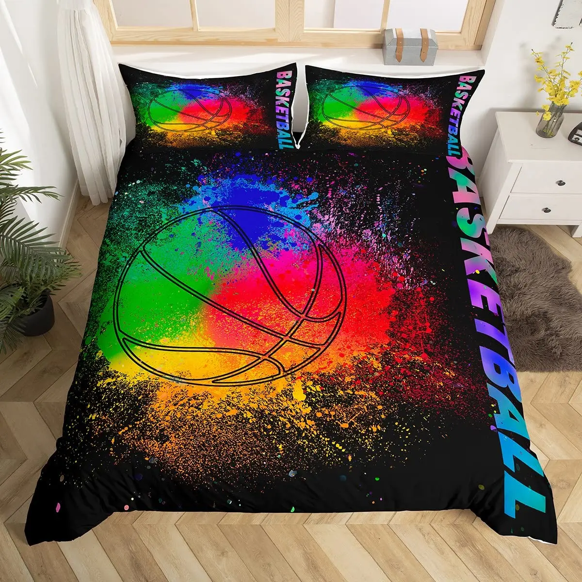 

Баскетбольный пододеяльник Queen Blue Red Green Tie Dye Комплект постельного белья Гранж Неоновый спортивный пододеяльник Неоновый мяч Игровой пододеяльник