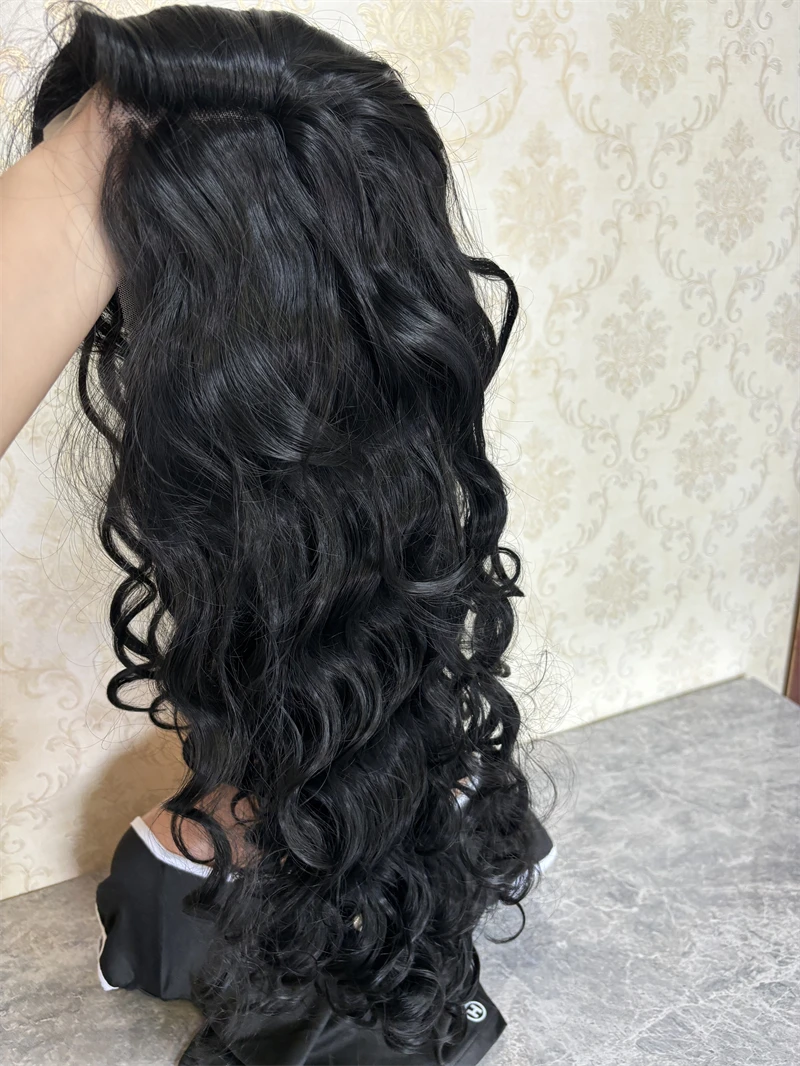 Peruca frontal de renda sintética preta macia para mulheres, pêlos longos do corpo, cabelo ondulado, fibra resistente ao calor, Glueless, uso