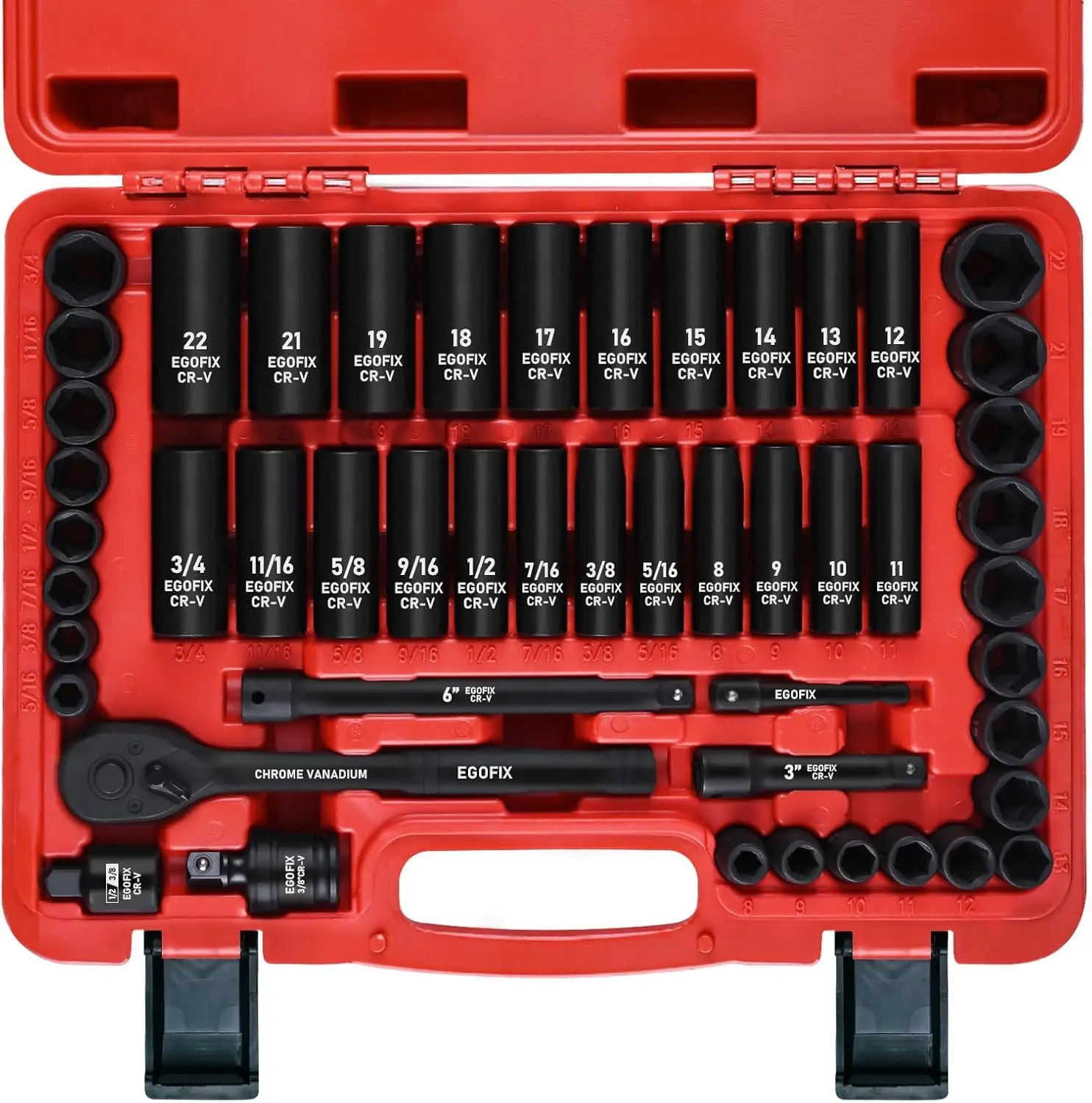 

3/8" Drive Impact Socket Set, 50 Piece SAE & Metric, 6-Point, with Ratchet Handle, Extension Bars, Universal Joint, Adapter