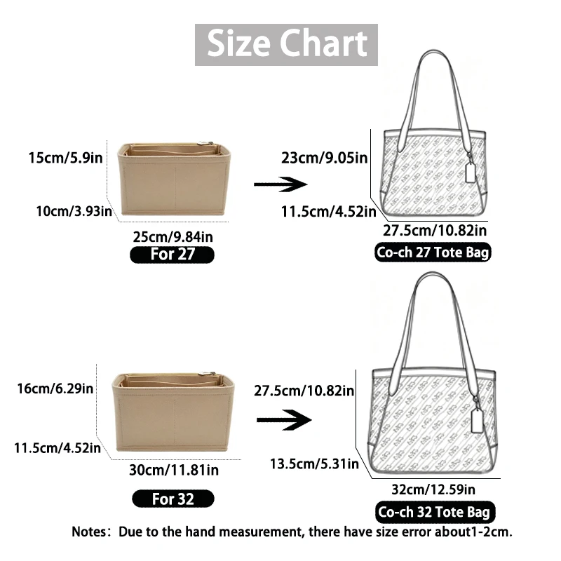 EverToner Felt Cloth Insert Bag Organizer For Co-ch 27/32 Tote Bag Travel Inner Purse Portable Cosmetic Bags