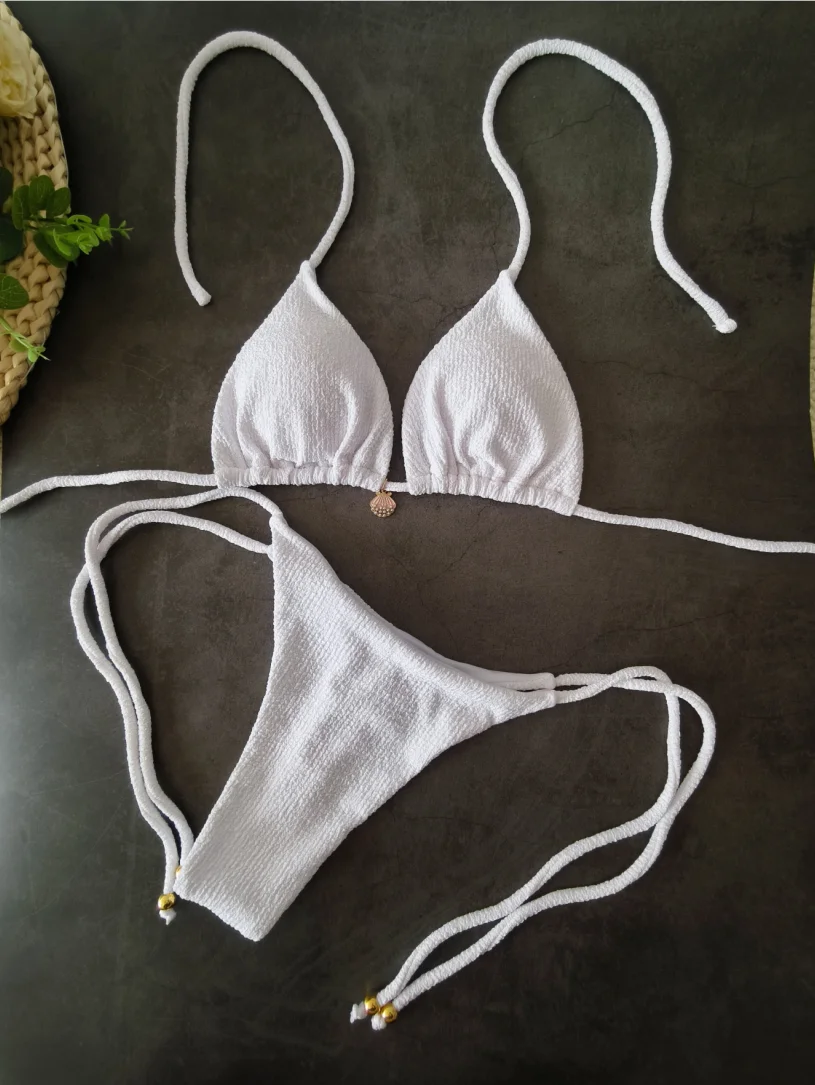 2026 Triangle Halter Thong Bikinis Solid Padded Swimsuit Women Sexy Brazilian Swimwear Female Bathers Bathing Swimming Swim Suit