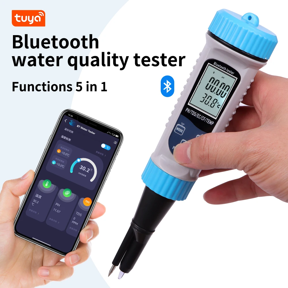 Tuya Bluetooth 5 in 1 PH Temperature TDS EC CF Meter Digital PH Tester Automatic Calibration Function Water Quality Detector