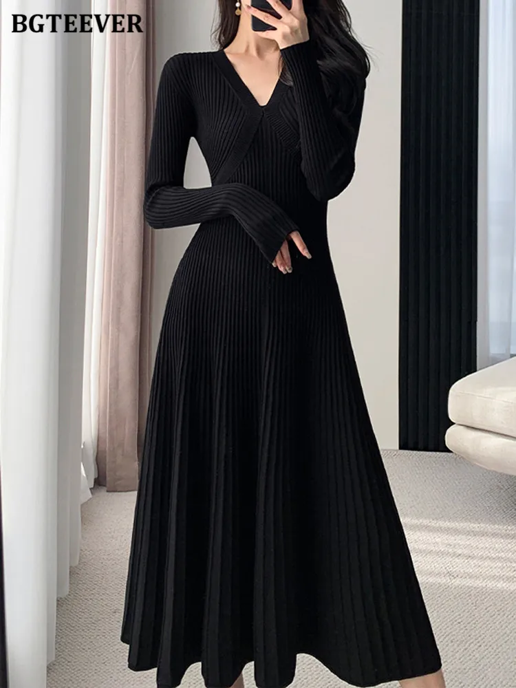 BGTEEVER Stylish V-neck Knitted A-line Dress Women Autumn Winter Full Sleeve Slim Waist Elegant Female Solid Sweater Dress