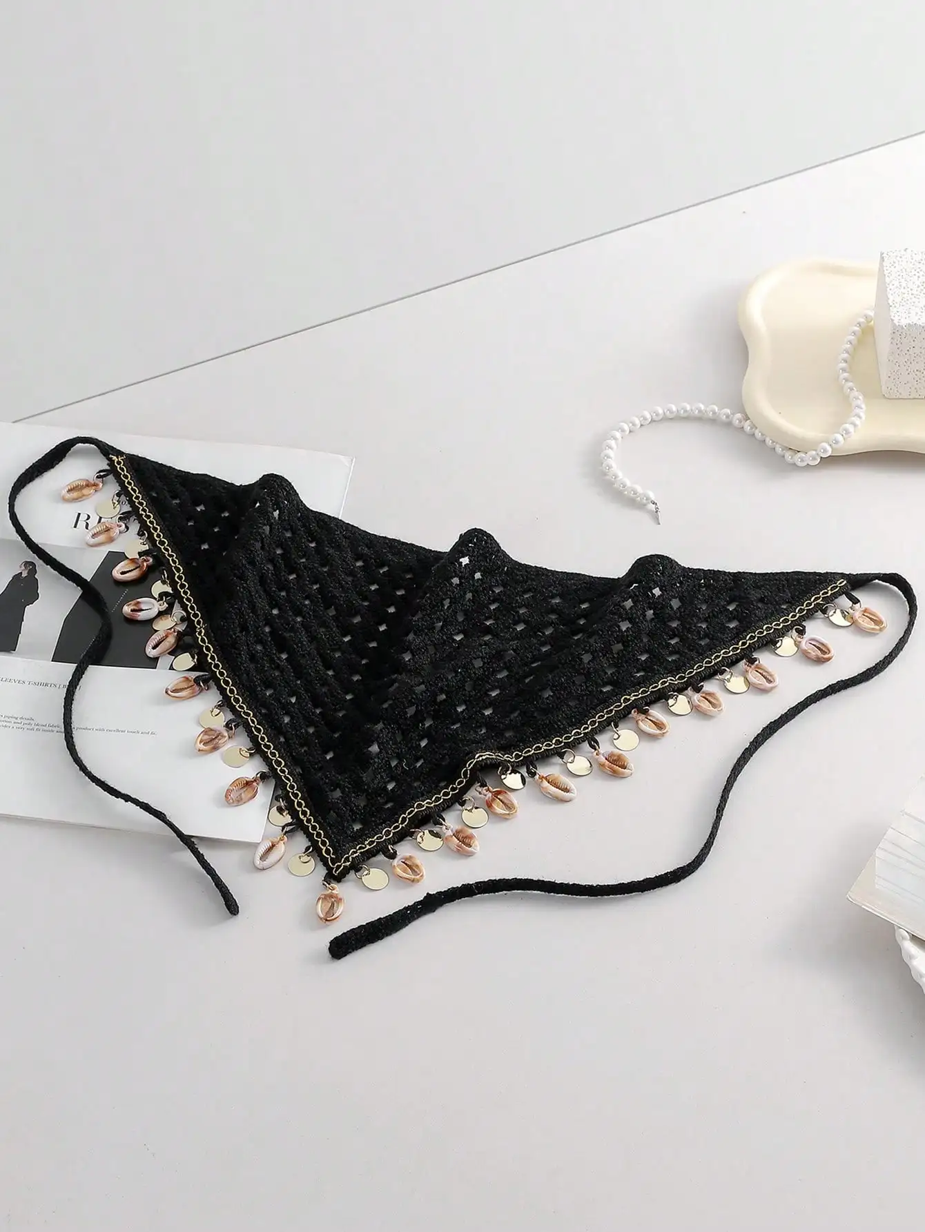 

Black Knitted Hollow Lace Headband With Seashell Tassels Bohemian Hair Accessory For Beach Casual