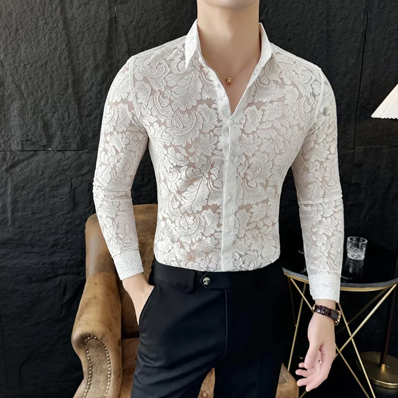 Men's Mesh See Through Flower Lace Sheer Shirt Long Sleeve Sexy Clubwear Dress Shirts Party Event Transparent Chemise Homme ZL1