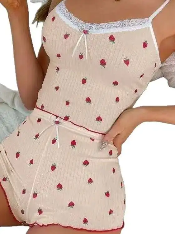 Sexy Women's Shorts Sets Lace Border Bowknot Strawberry Print Backless Deep V Suspenders Sleeveless Two-Piece Shorts Sets JK1J