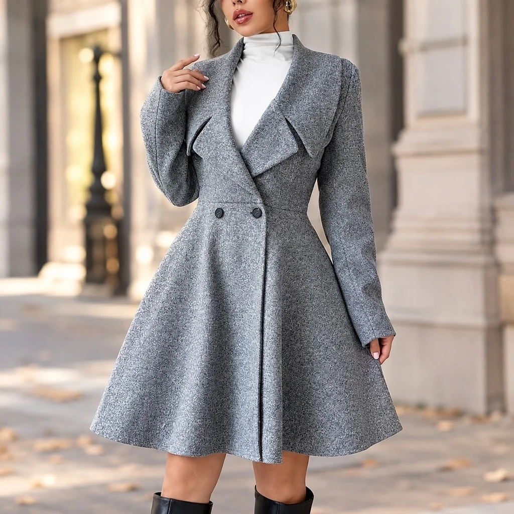 Button Detail Cape Long Sleeve Long Length Chic Professional with Autumn Regular Sleeve Notched Lapel Patchwork Women Coat