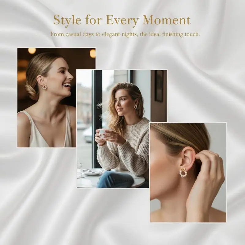 Gold Plated Bow Circle Stud Earrings With Faux Pearl Shiny Cubic Zirconia For Wedding Date Daily Wear