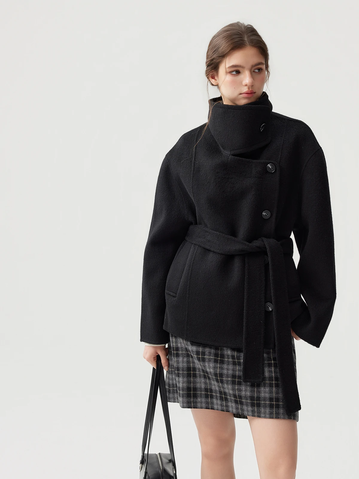 

GSSMZ Women's Woolen Coat ort Stand Collar Belted Batobe Sle Bla Double-Faced Wool Outerwear Long Sve Winter Jaet