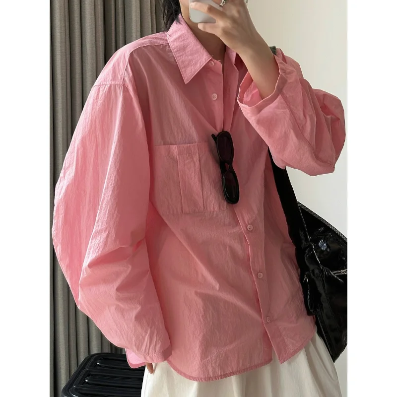 Summer Pink Shirts Loose Sunscreen Blouses Light Casual Simple Lapel Slim Breathable Tops Single-breasted Lantern Sleeve White