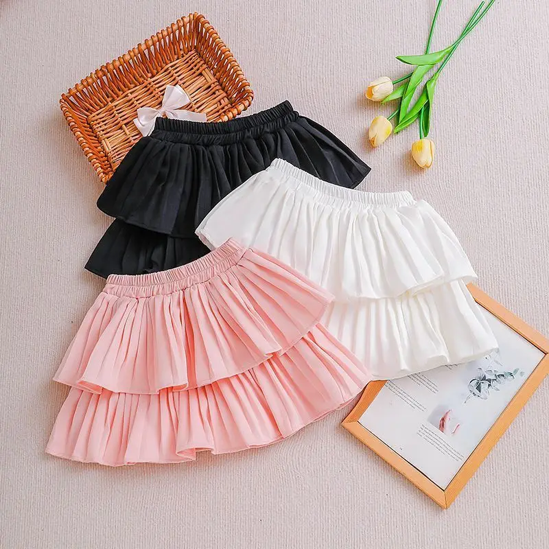Girls Skirt White Pleated Layered Skirt School Child Black Pink All-match Tutu Casual Infant Kids Mini Short Skirt 3 To 16 Years