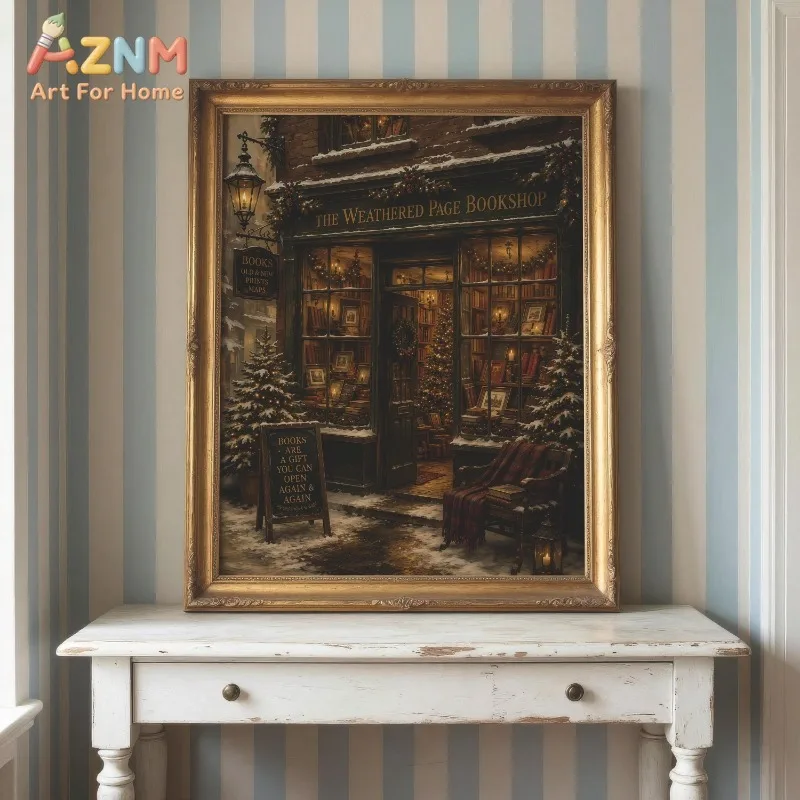 Vintage Christmas Bookshop Canvas Wall Art Snowy Xmas Tree Wreath Lantern Holiday Home Wall Print Unframed Canvas Poster